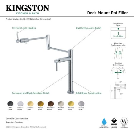Kingston Brass Deck Mount Pot Filler, Polished Nickel KS4706DL